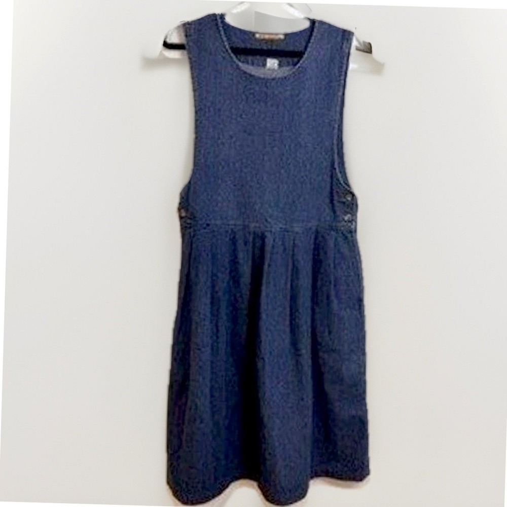 Vintage 90s Denim Midi Pinafore Dress Womens 8 Pleated Pockets Preppy Academia